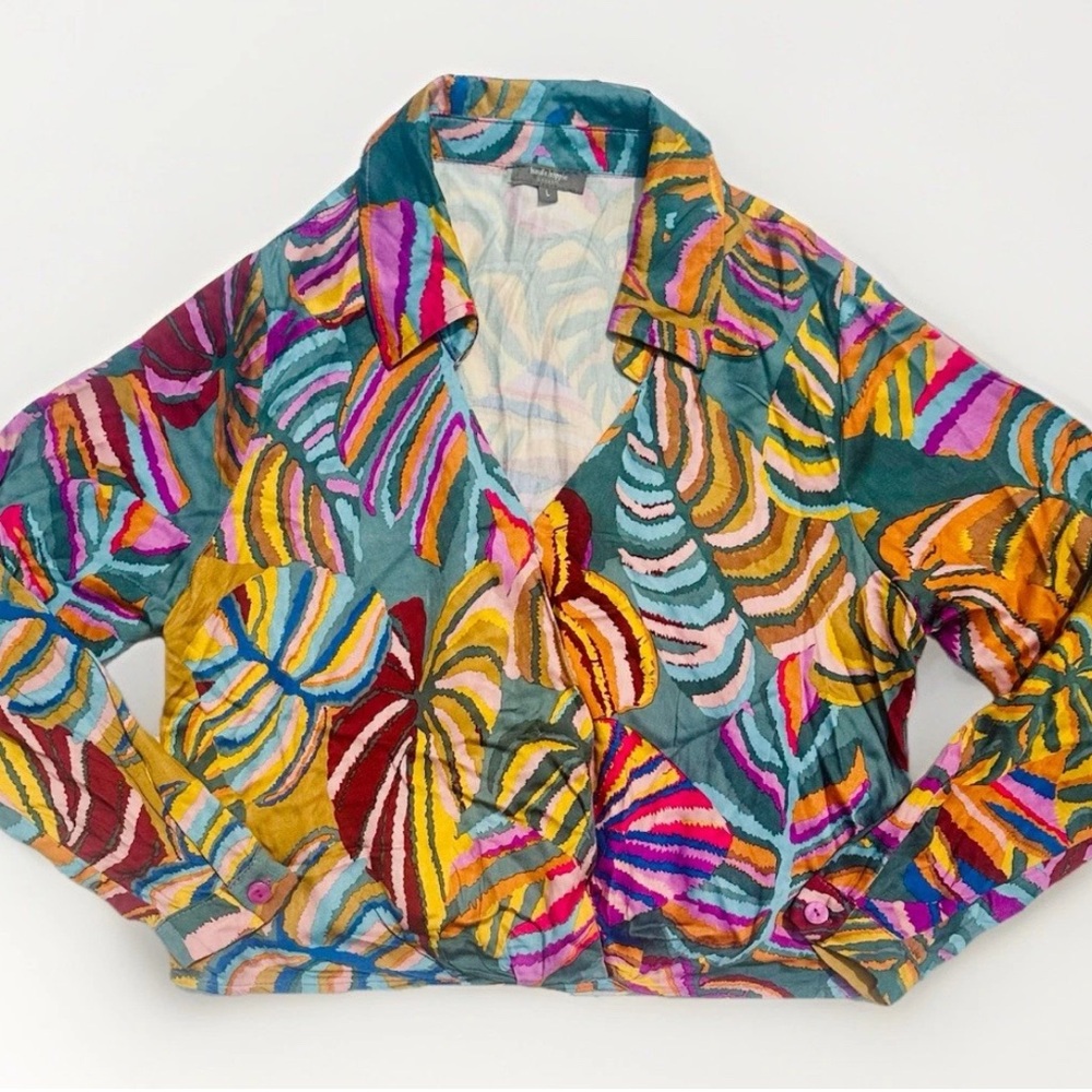 Haute Hippie Large Multicolor Floral Faux Wrap Long Sleeve Blouse Boho 70s - Picture 2 of 8